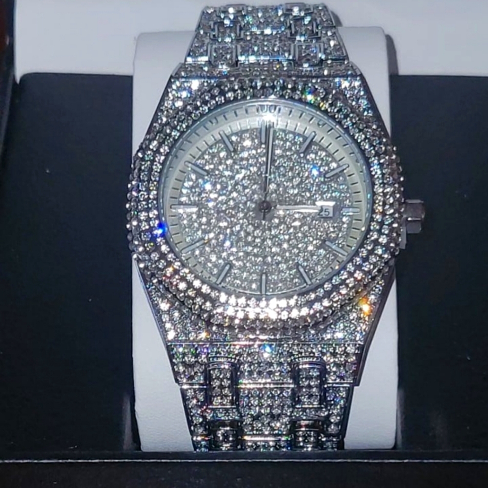 Mens Masculine Full Ice Silverplated Simulated Diamonds (CZ) Quartz Watch